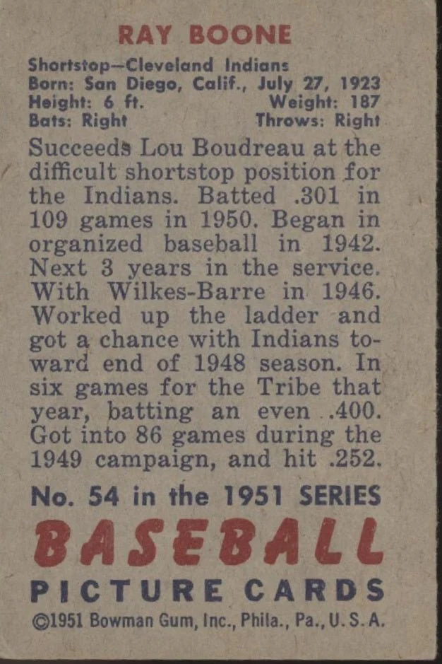 Ray Boone 1951 Bowman RC #54 Cleveland Indians VG