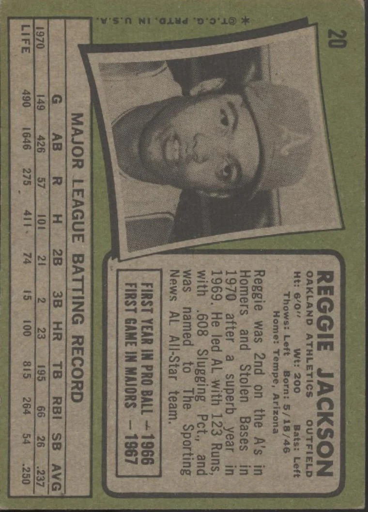 Reggie Jackson 1971 Topps #20 Oakland Athletics VG-EX
