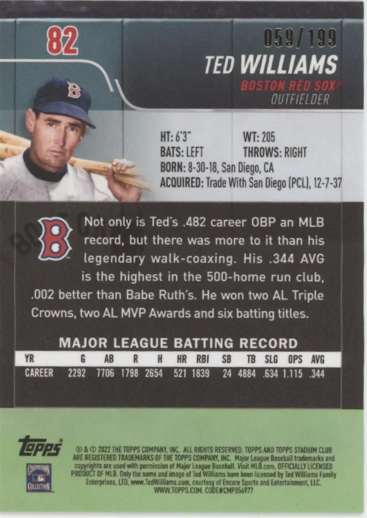 Ted Williams 2022 Topps Stadium Club Chrome Blue Refractor 059/199 #82