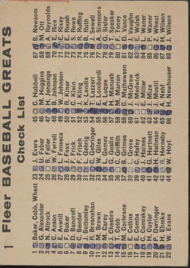 Baker / Cobb / Wheat 1961 Fleer Baseball Greats #1 VG Marked