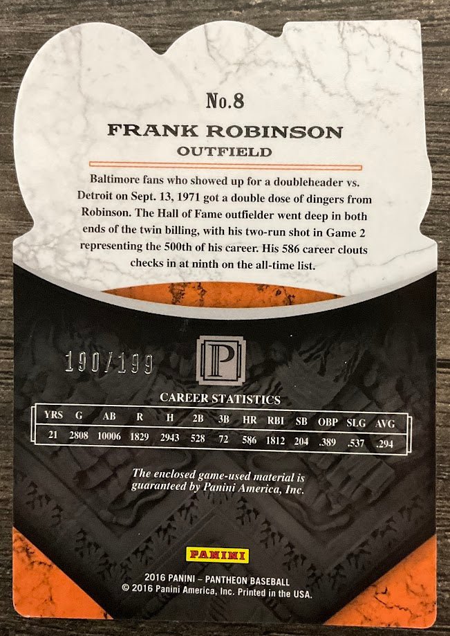 1365-frank-robinson-2016-panini-pantheon-500-home-run-club-swatch-190-199-8-2.jpg Frank Robinson 2016 Panini Pantheon 500 Home Run Club Swatch 190/199 #8