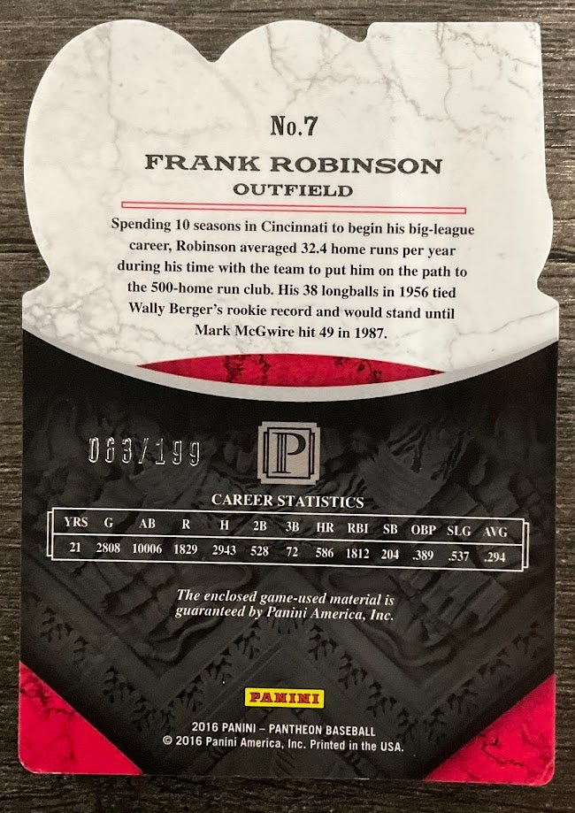 1366-frank-robinson-2016-panini-pantheon-500-home-run-club-swatch-063-199-7-2.jpg Frank Robinson 2016 Panini Pantheon 500 Home Run Club Swatch 063/199 #7