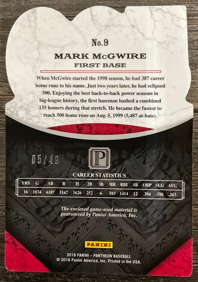Mark McGwire 2016 Panini Pantheon 500 Home Run Club Swatch 05/49 #9