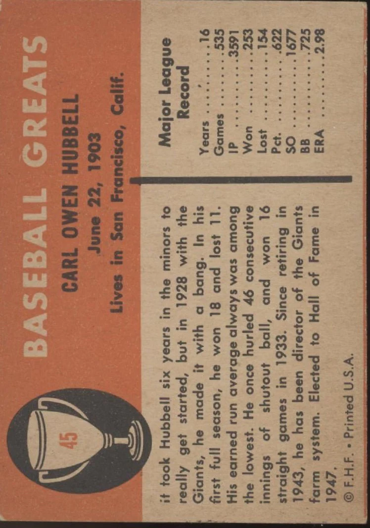 Carl Hubbell 1961 Fleer #45 New York Giants VG