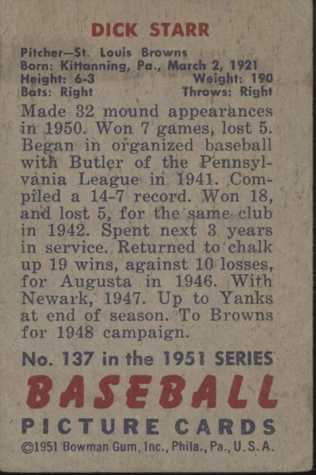 Dick Starr 1951 Bowman #137 St. Louis Browns GD