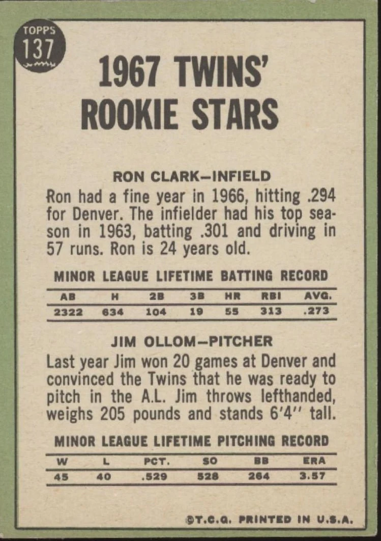 Ron Clark / Jim Ollom 1967 Topps Twins Rookie Stars RC #137 EX