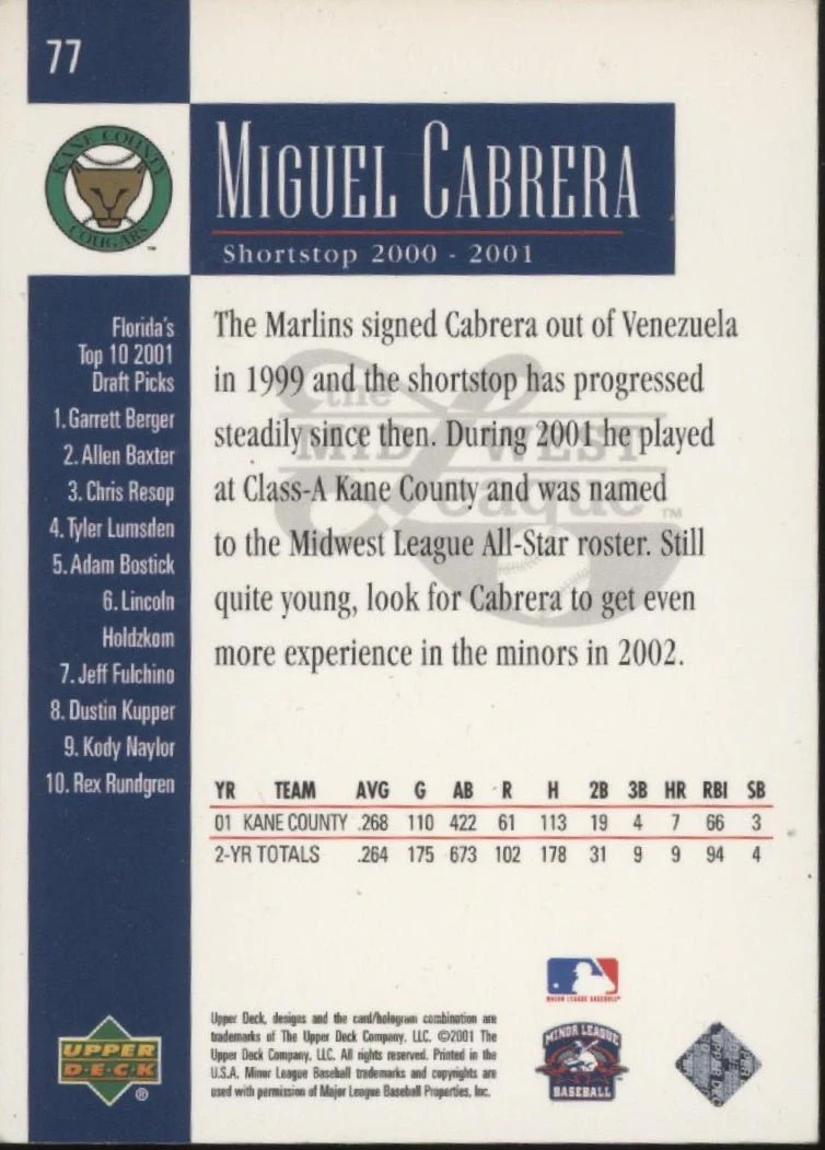 Miguel Cabrera 2001 Upper Deck Minors Centennial #77
