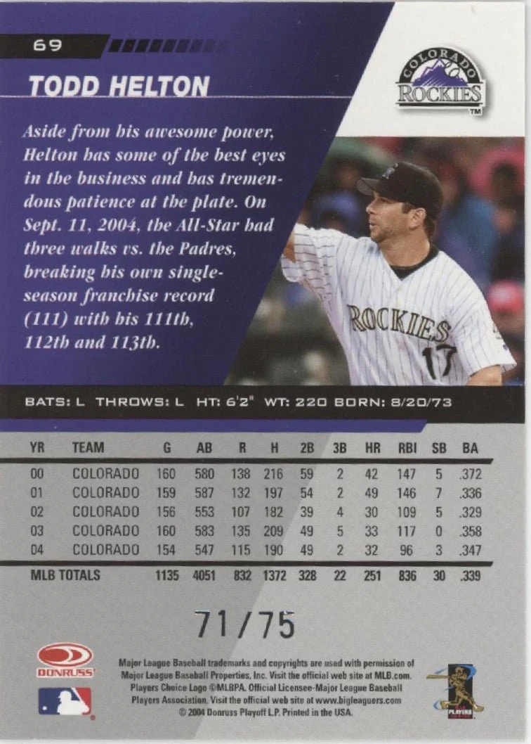 Todd Helton 2005 Leaf Press Proof Blue 71/75 #69
