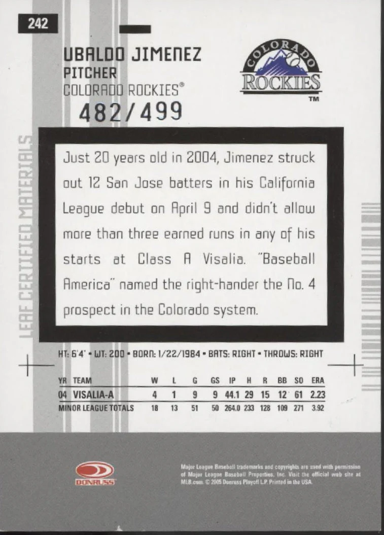 Ubaldo Jimenez 2005 Leaf Certified Materials New Generation Auto 482/499 #242