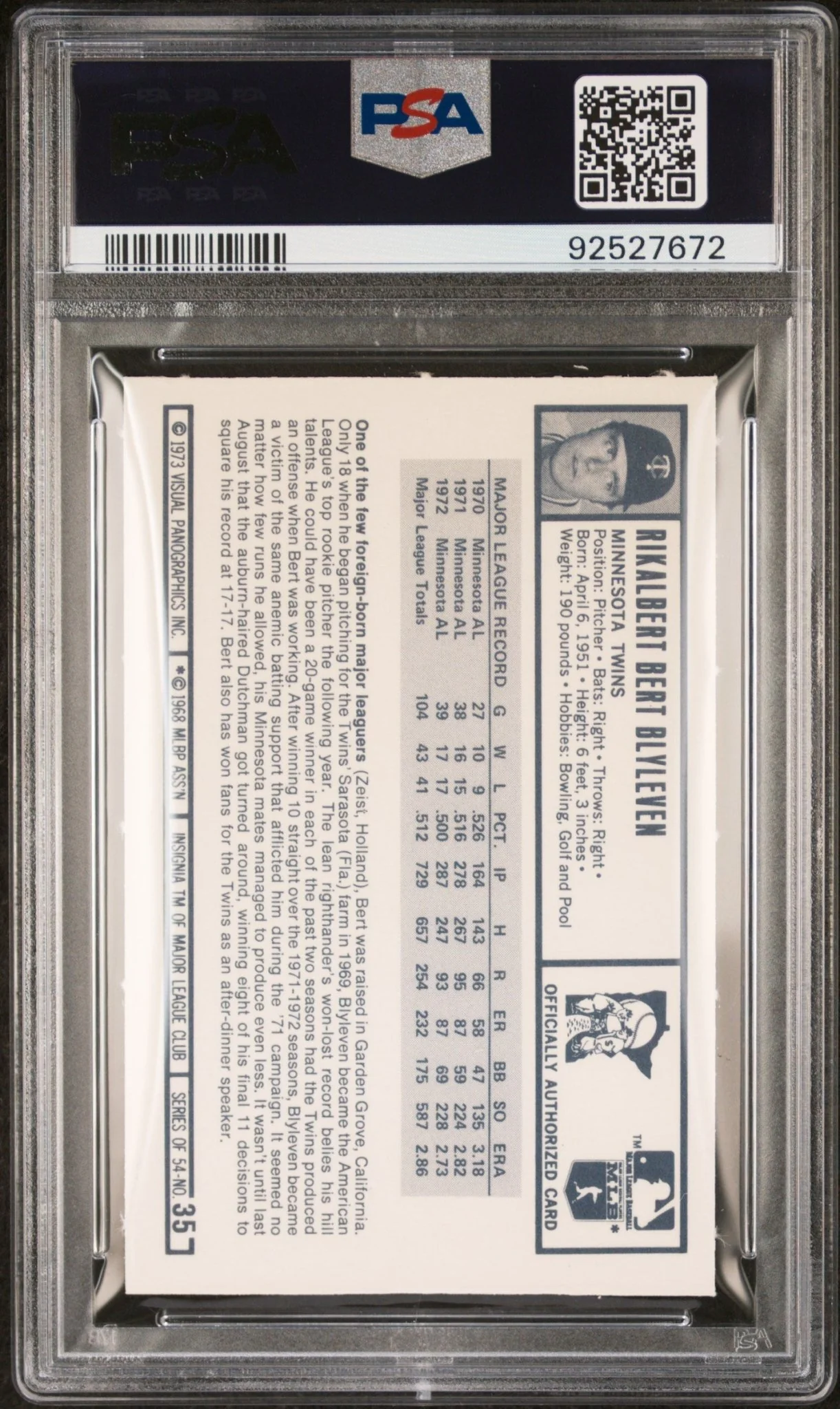 Bert Blyleven 1973 Kellogg's #35 PSA 9