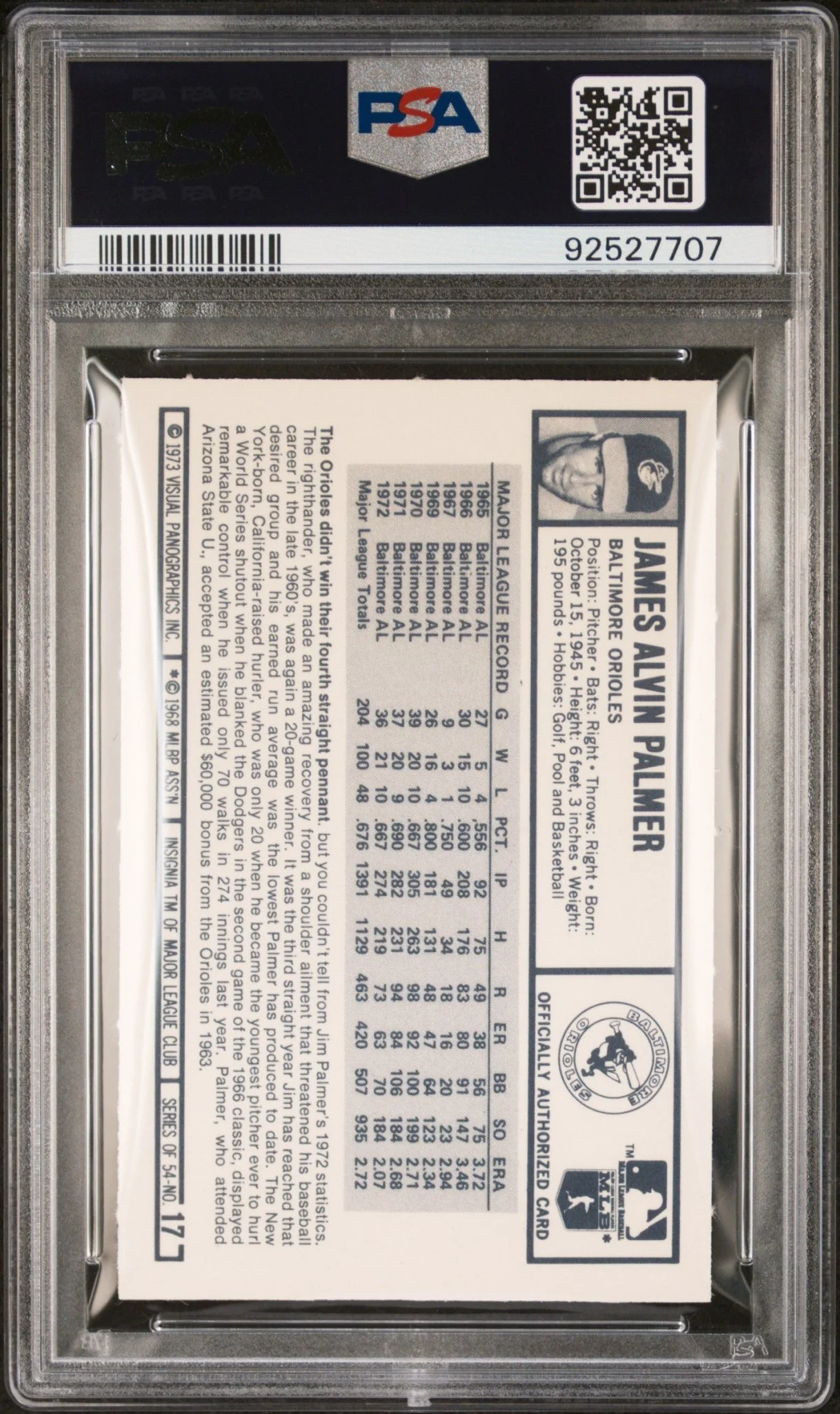Jim Palmer 1973 Kellogg's #17 PSA 9