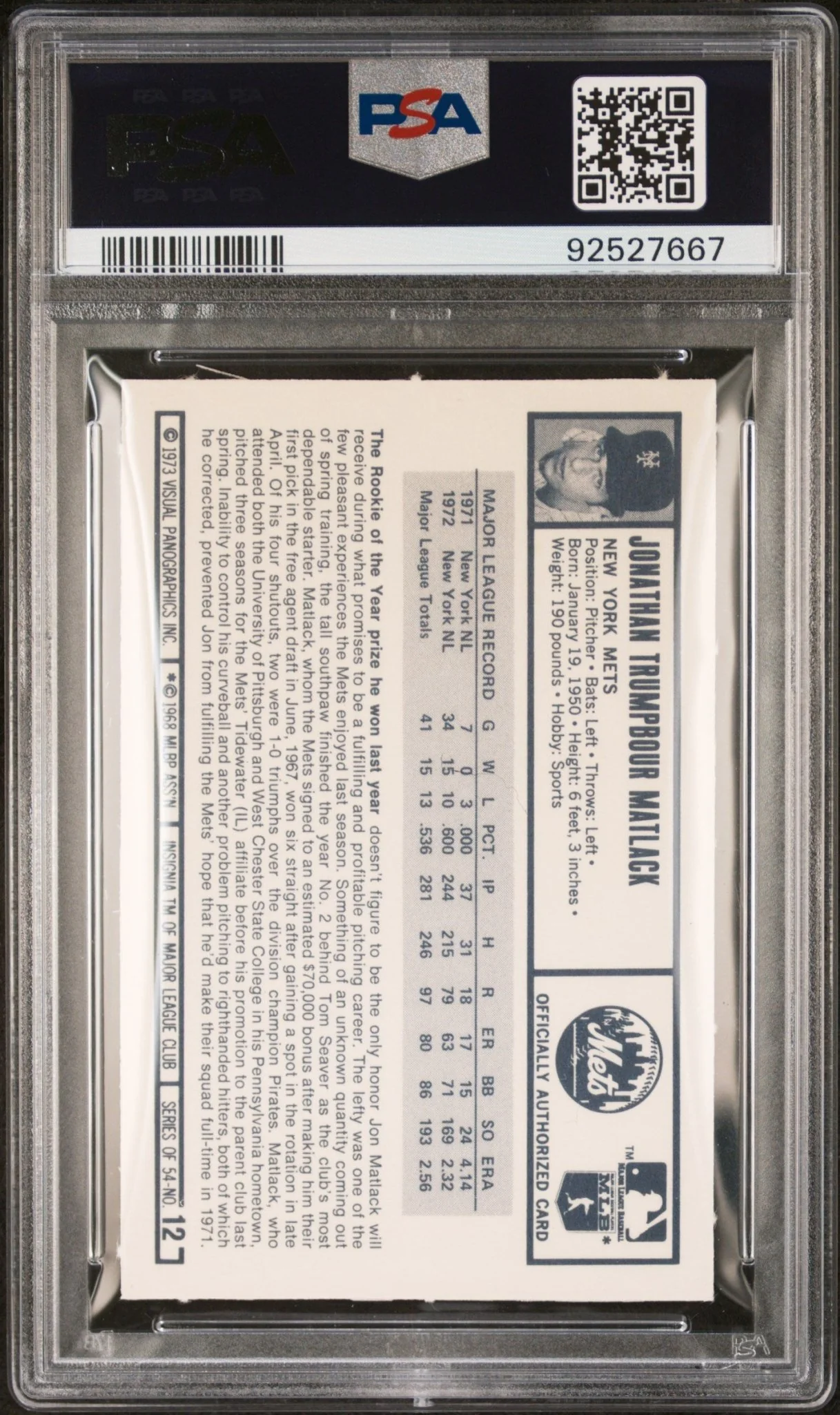Jon Matlack 1973 Kellogg's #12 PSA 9