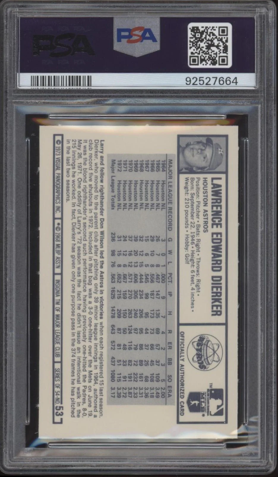 Larry Dierker 1973 Kellogg's #53 PSA 9