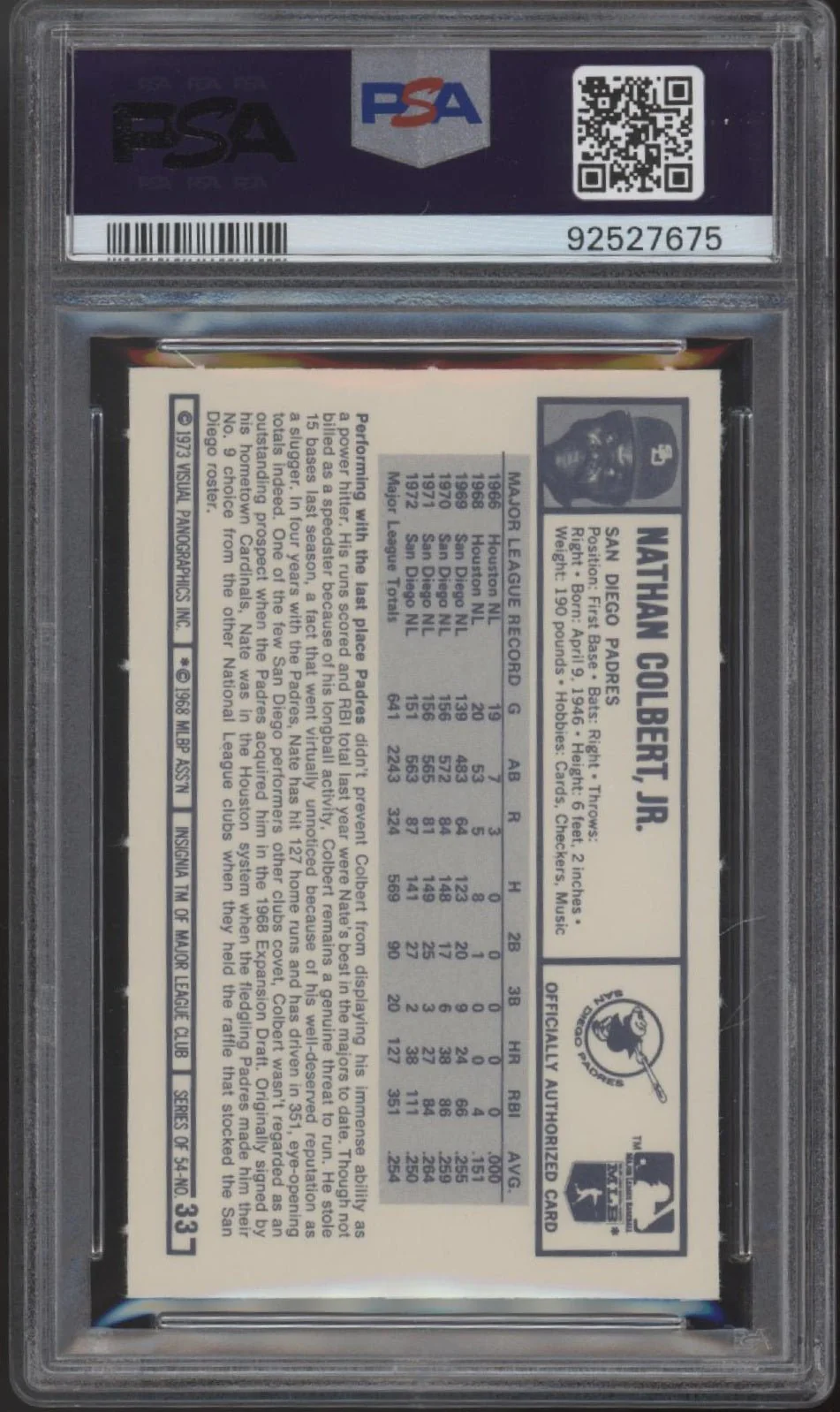 Nate Colbert 1973 Kellogg's #33 PSA 9