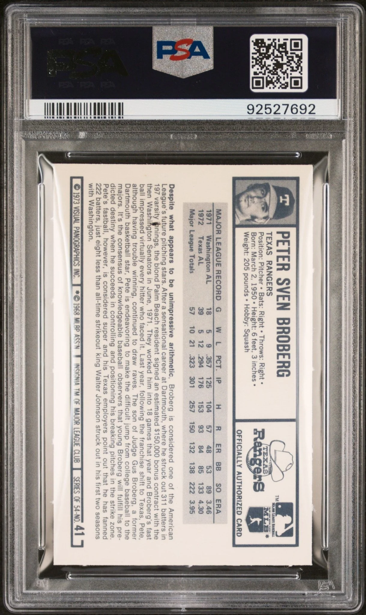 Peter Broberg 1973 Kellogg's #41 PSA 9