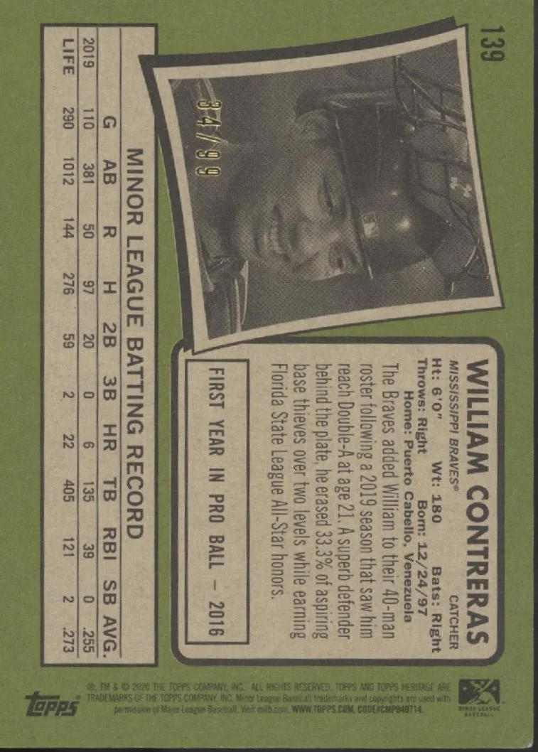 William Contreras 2020 Topps Heritage Blue 34/99 #139