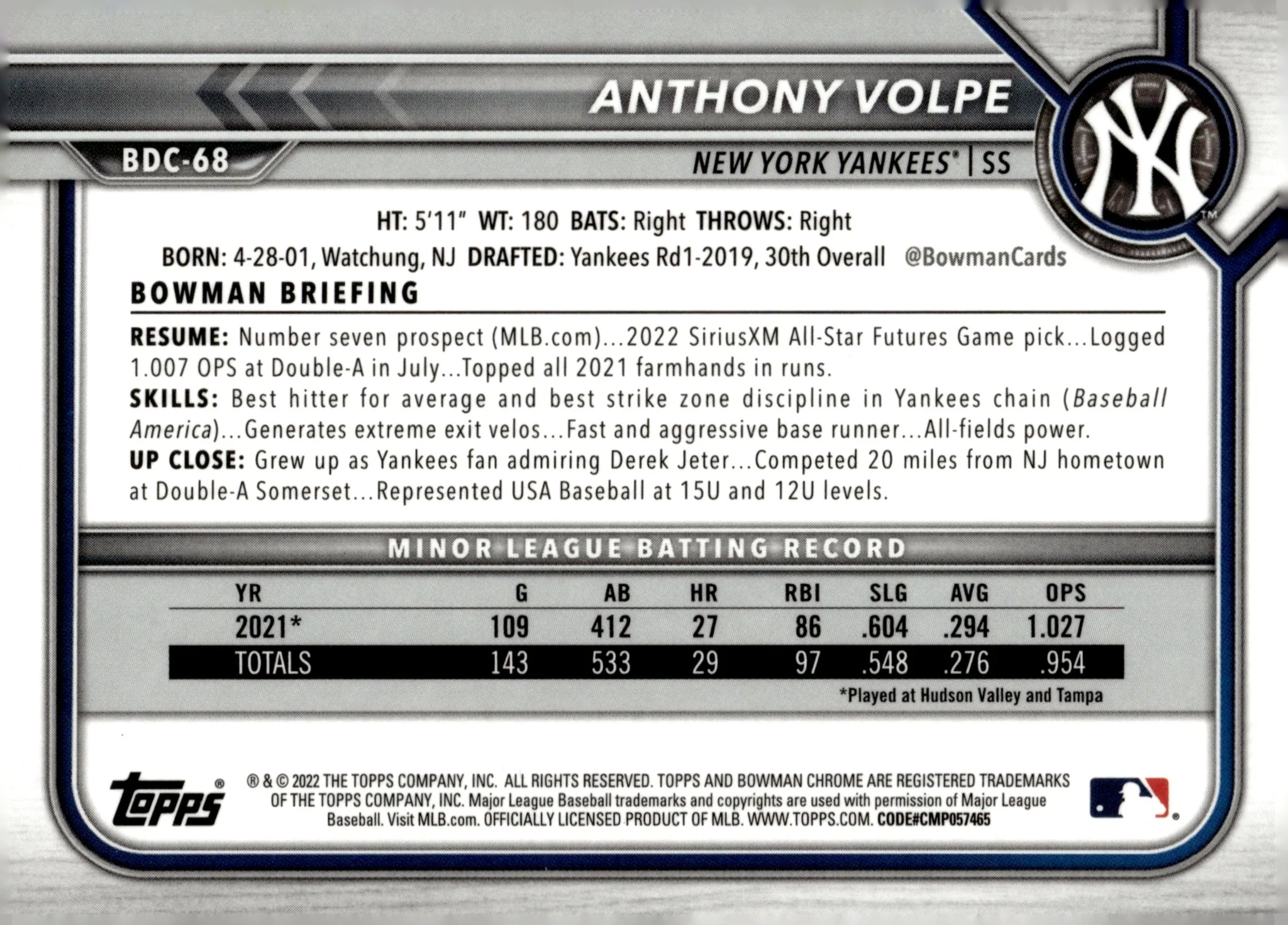 Anthony Volpe 2022 Bowman Chrome Prospects Blue Refractor #BDC-68