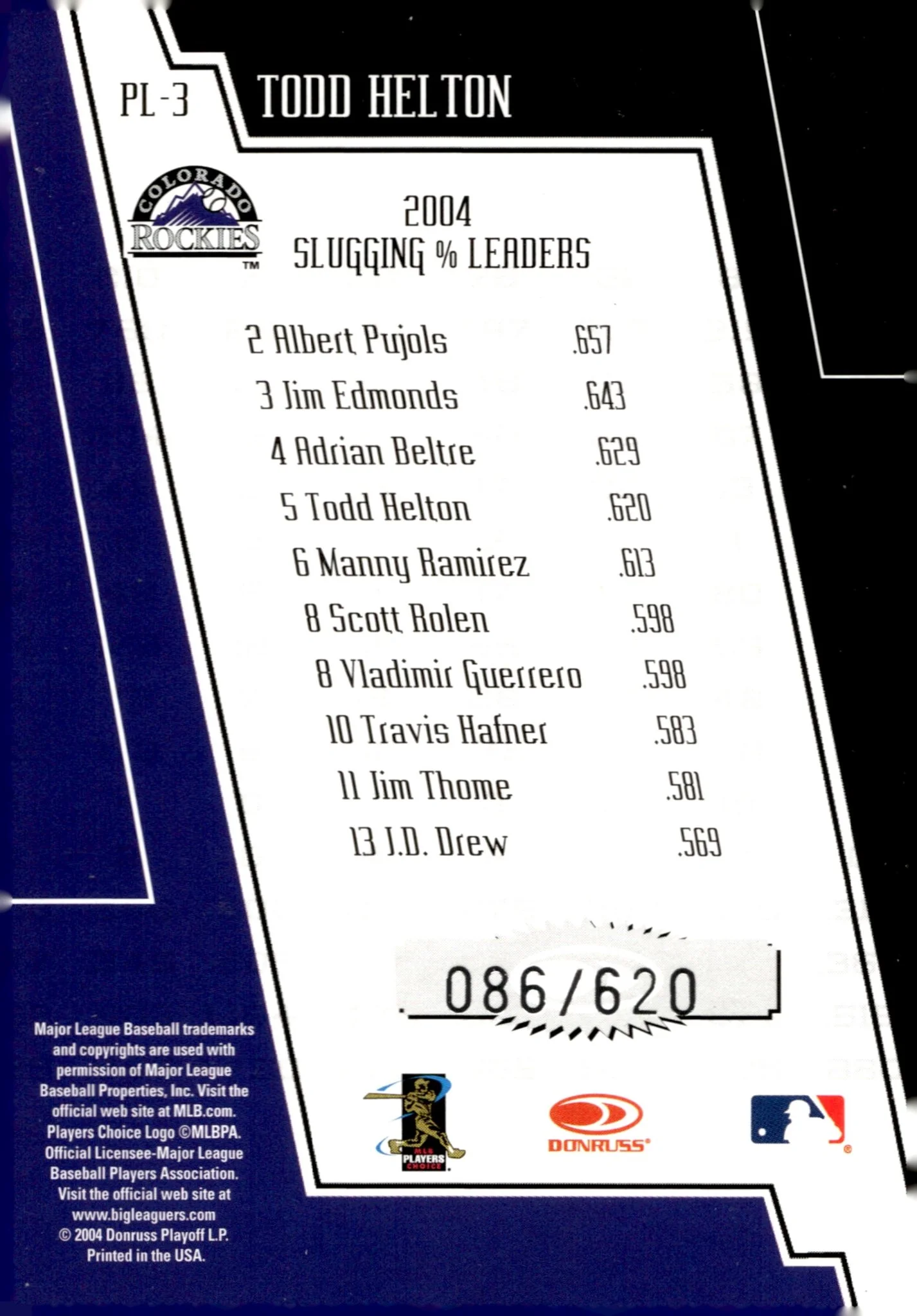 Todd Helton 2004 Donruss Production Line 086/620 #PL-3