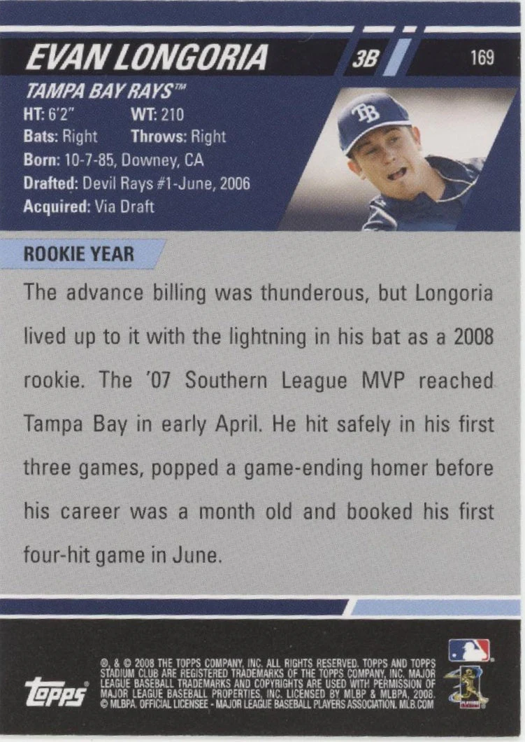 Evan Longoria 2008 Topps Stadium Club RC Auto #169