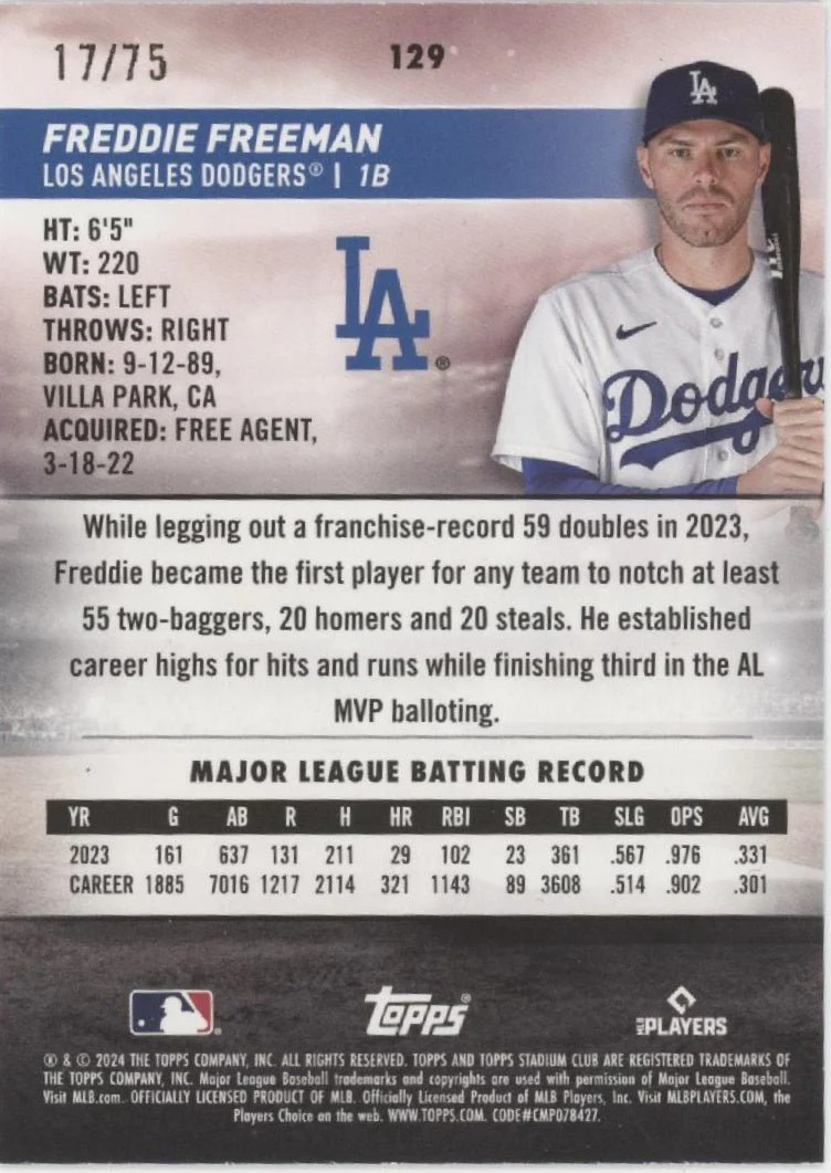 1459-freddie-freeman-2024-topps-stadium-club-purple-17-75-129-2.webp Freddie Freeman 2024 Topps Stadium Club Purple 17/75 #129