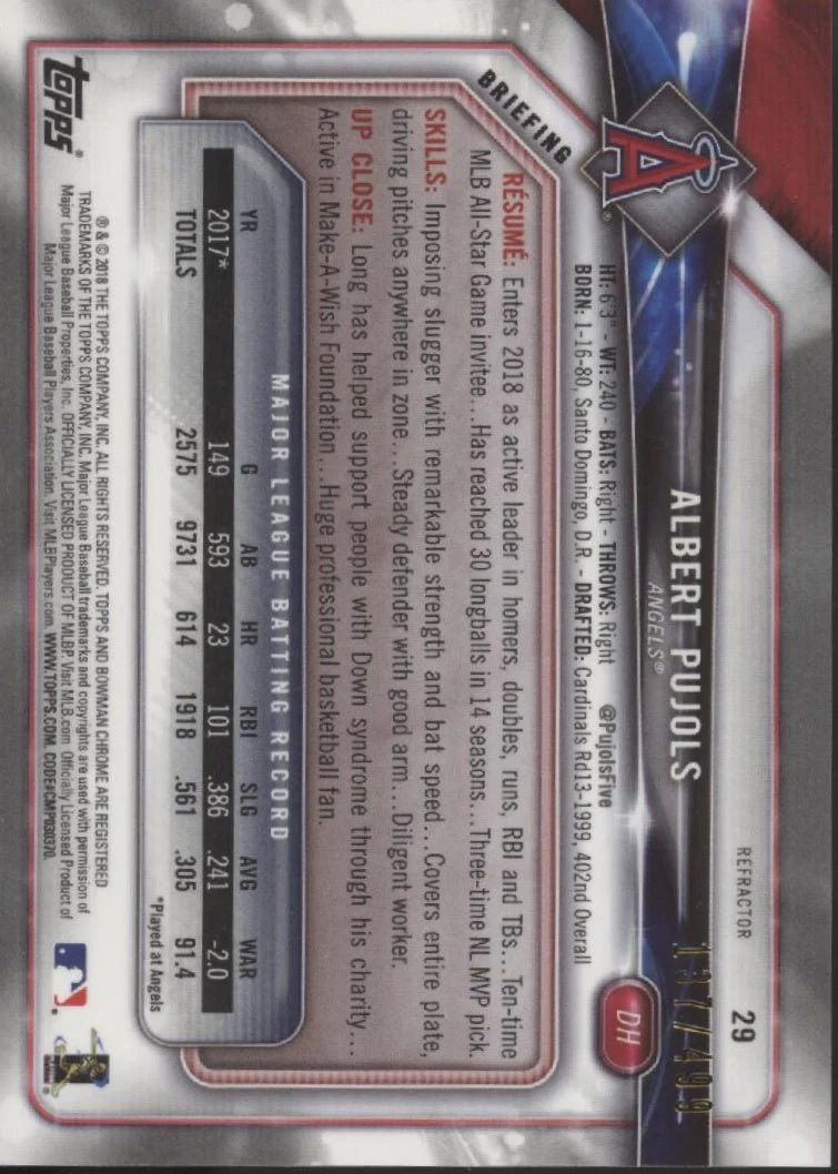 Albert Pujols 2018 Bowman Chrome Refractor 137/499 #29