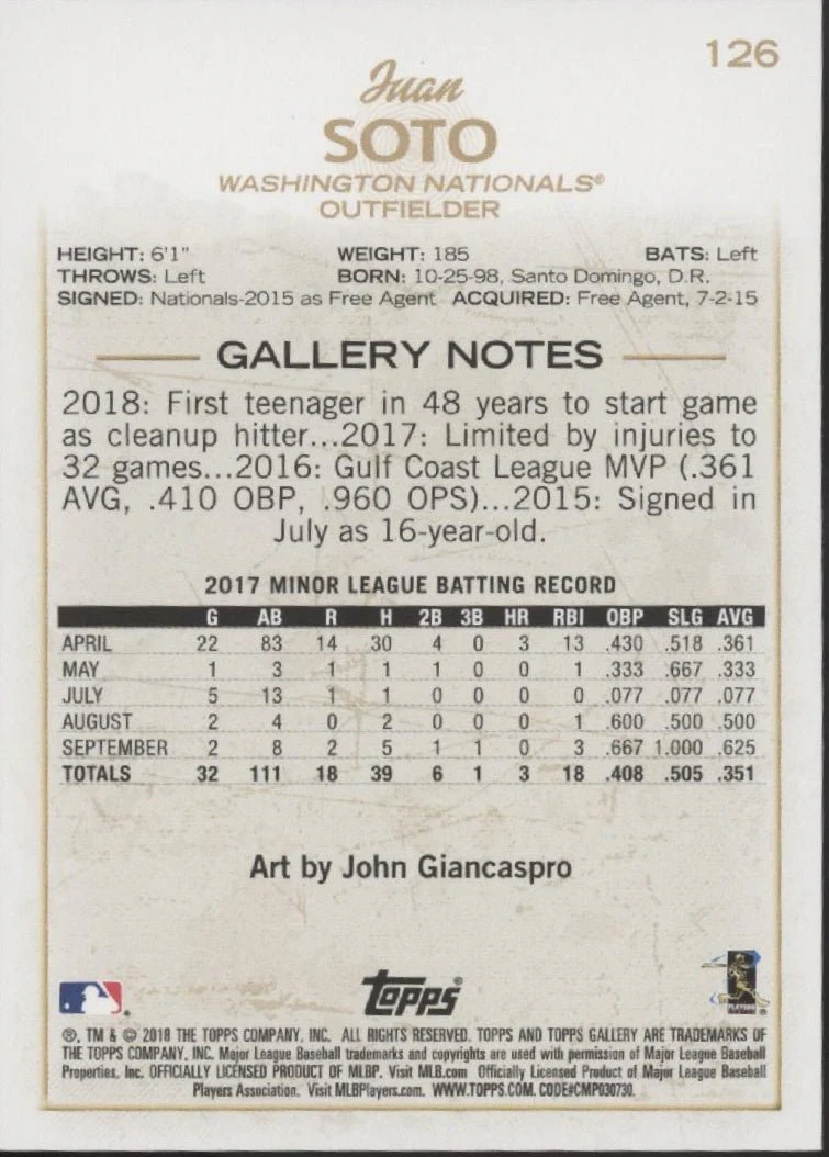 Juan Soto 2018 Topps Gallery RC #126