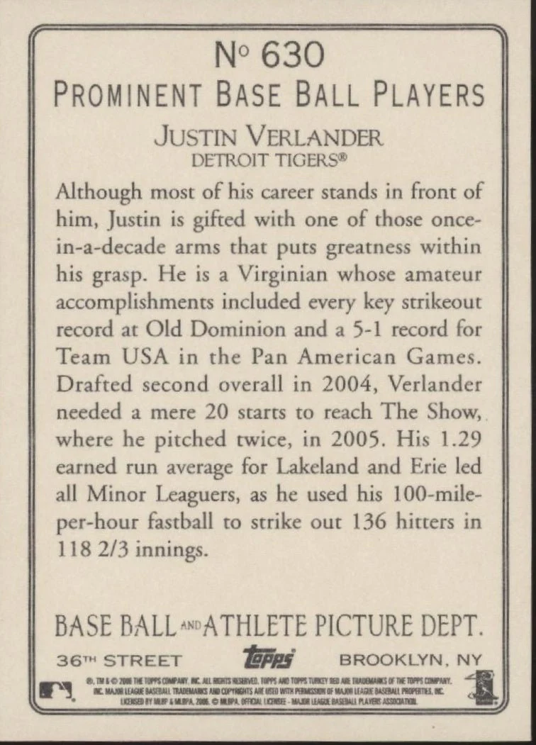 Justin Verlander 2006 Topps Turkey Red RC #630