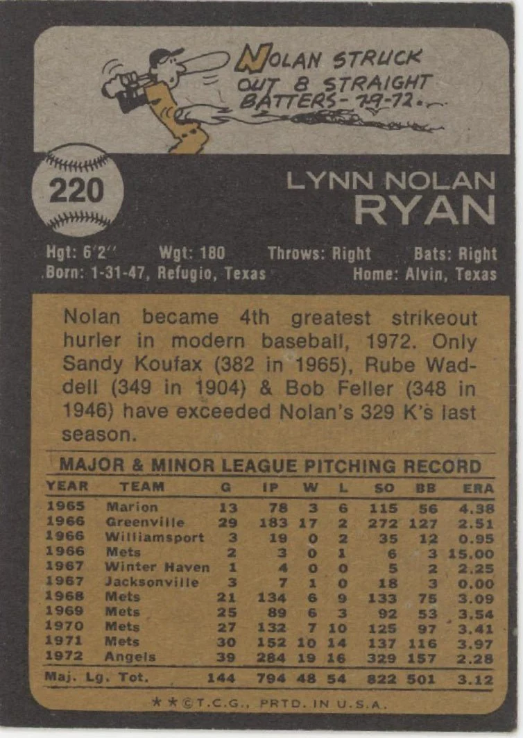 Nolan Ryan 1973 Topps #220 California Angels VG-EX #2