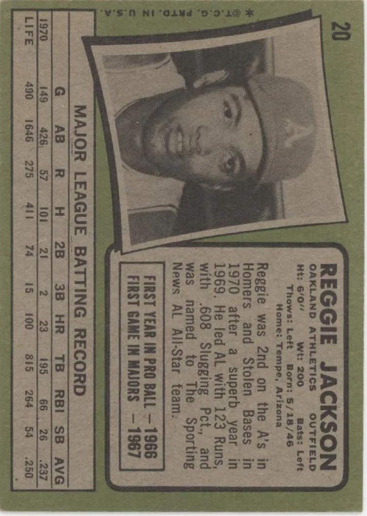 Reggie Jackson 1971 Topps #20 Oakland Athletics VG #3