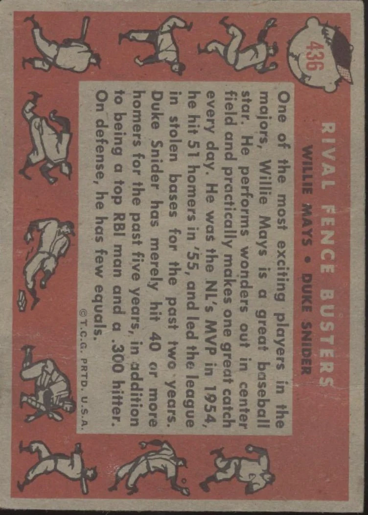 1481-rival-fence-busters-1958-topps-willie-mays-duke-snider-436-pr-2.webp Rival Fence Busters 1958 Topps Willie Mays / Duke Snider #436 PR