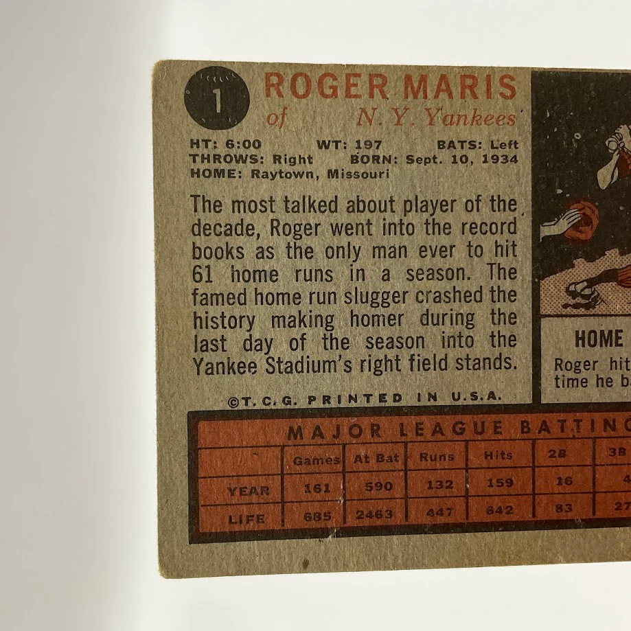 Roger Maris 1962 Topps #1 New York Yankees GD #1