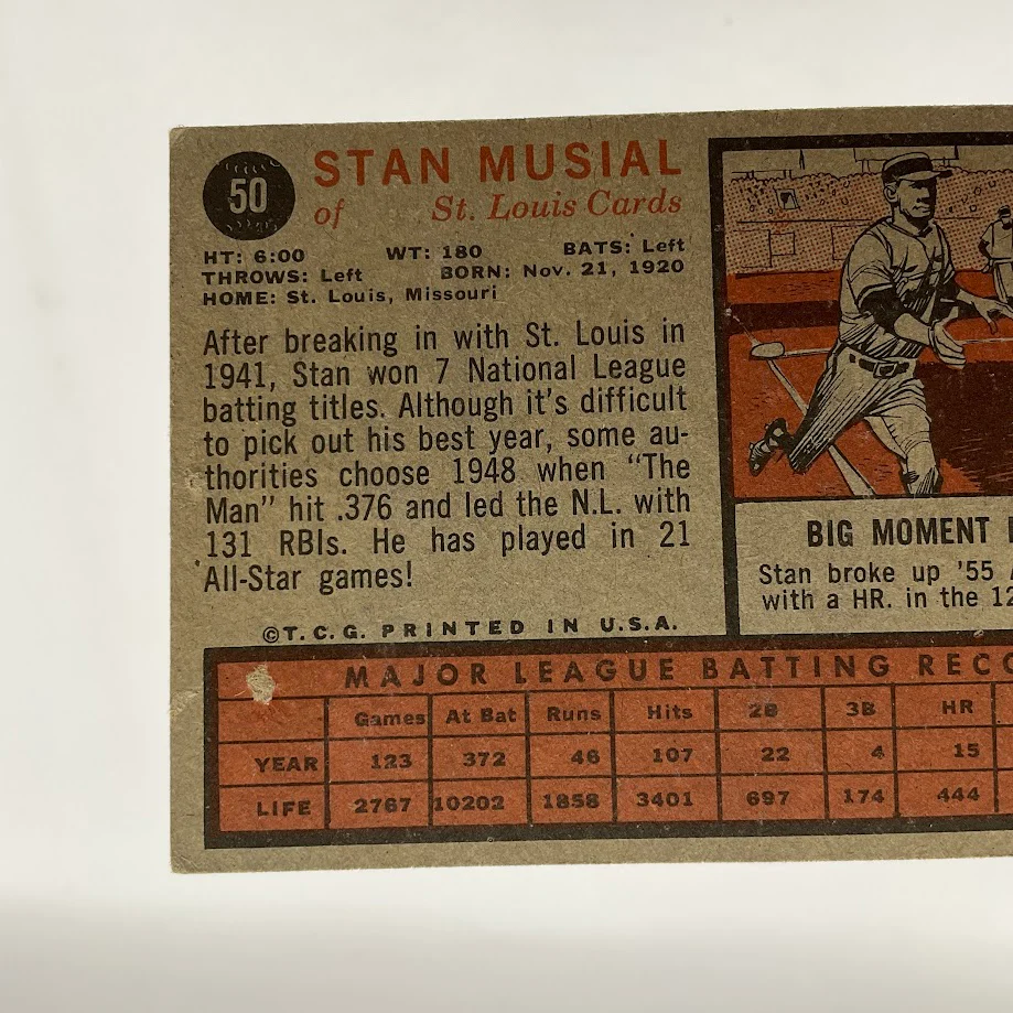 Stan Musial 1962 Topps #50 St. Louis Cardinals VG