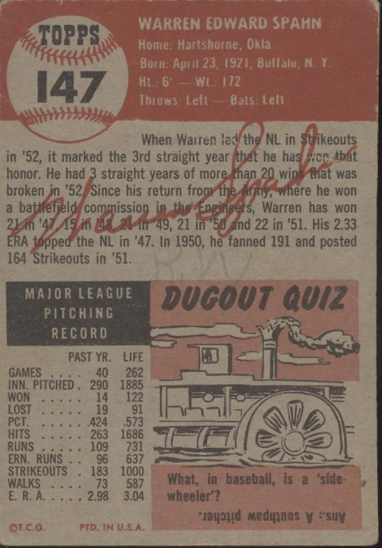 Warren Spahn 1953 Topps #147 Boston Braves GD