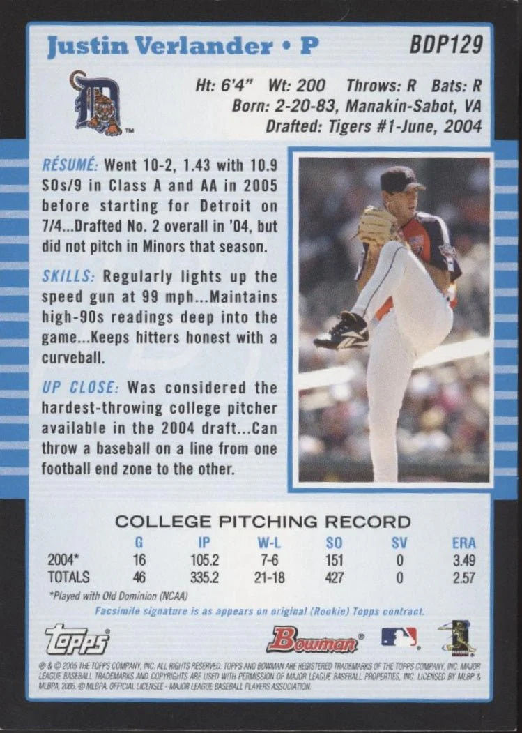 1501-justin-verlander-2005-bowman-1st-year-bdp129-2.webp Justin Verlander 2005 Bowman 1st Year #BDP129