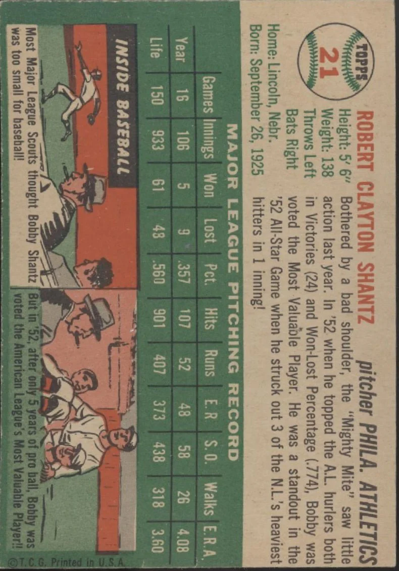 1504-bobby-shantz-1954-topps-21-philadelphia-athletics-vg-ex-2.webp Bobby Shantz 1954 Topps #21 Philadelphia Athletics VG-EX