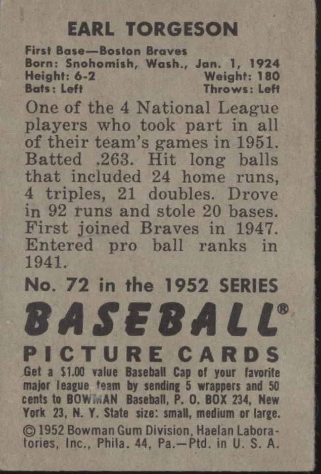 Earl Torgeson 1952 Bowman #72 Boston Braves VG-EX