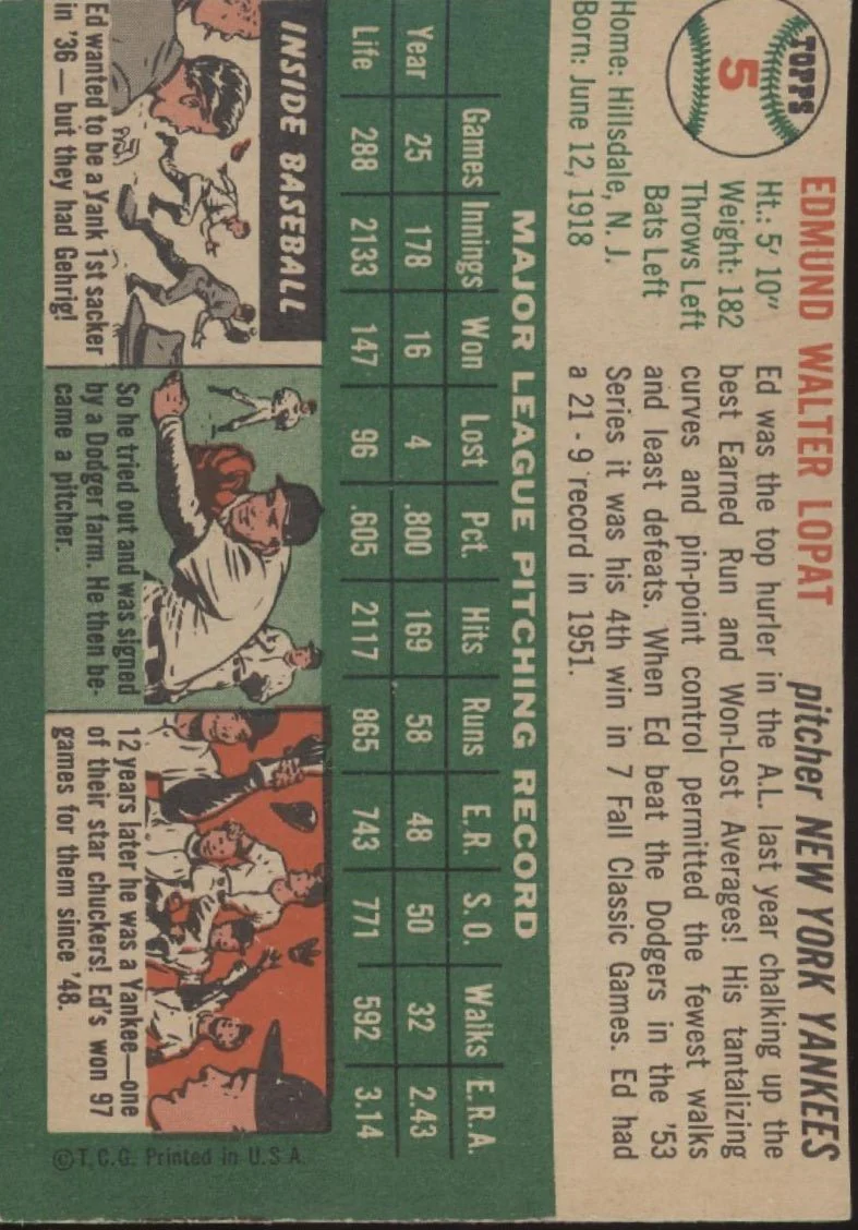 1507-ed-lopat-1954-topps-5-new-york-yankees-vg-ex-2-2.webp Ed Lopat 1954 Topps #5 New York Yankees VG-EX #2