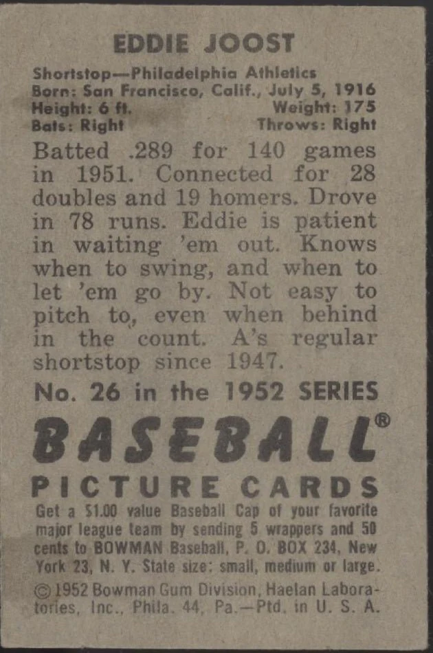 1508-eddie-joost-1952-bowman-26-philadelphia-athletics-vg-ex-2.webp Eddie Joost 1952 Bowman #26 Philadelphia Athletics VG-EX