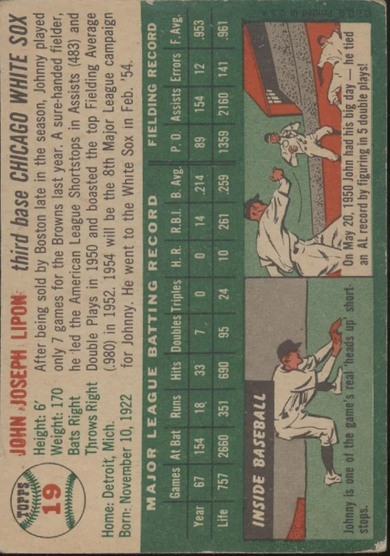 Johnny Lipon 1954 Topps #19 Baltimore Orioles VG-EX #3