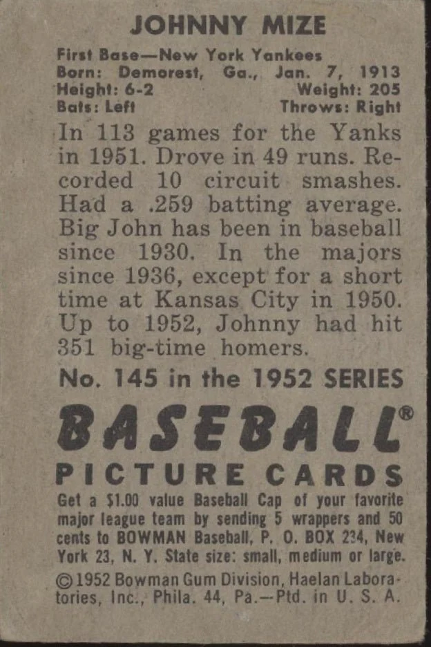 Johnny Mize 1952 Bowman #145 New York Yankees VG