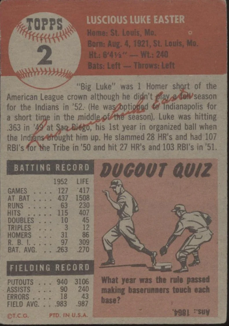 Luke Easter 1953 Topps #2 Cleveland Indians VG