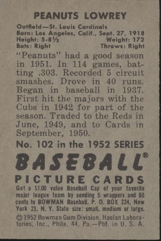 1517-peanuts-lowrey-1952-bowman-102-st.-louis-cardinals-vg-ex-2.webp Peanuts Lowrey 1952 Bowman #102 St. Louis Cardinals VG-EX