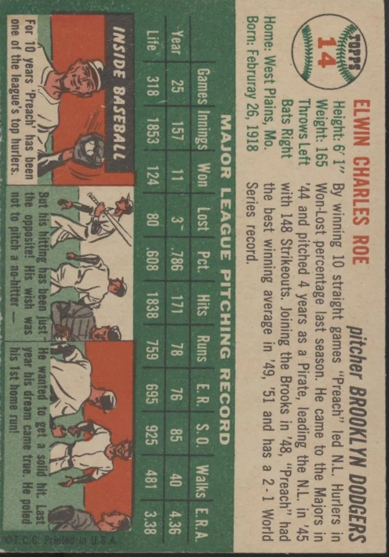 Preacher Roe 1954 Topps #14 Brooklyn Dodgers VG