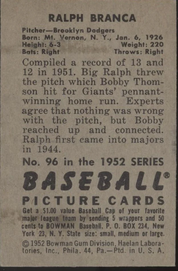 Ralph Branca 1952 Bowman #96 Brooklyn Dodgers VG
