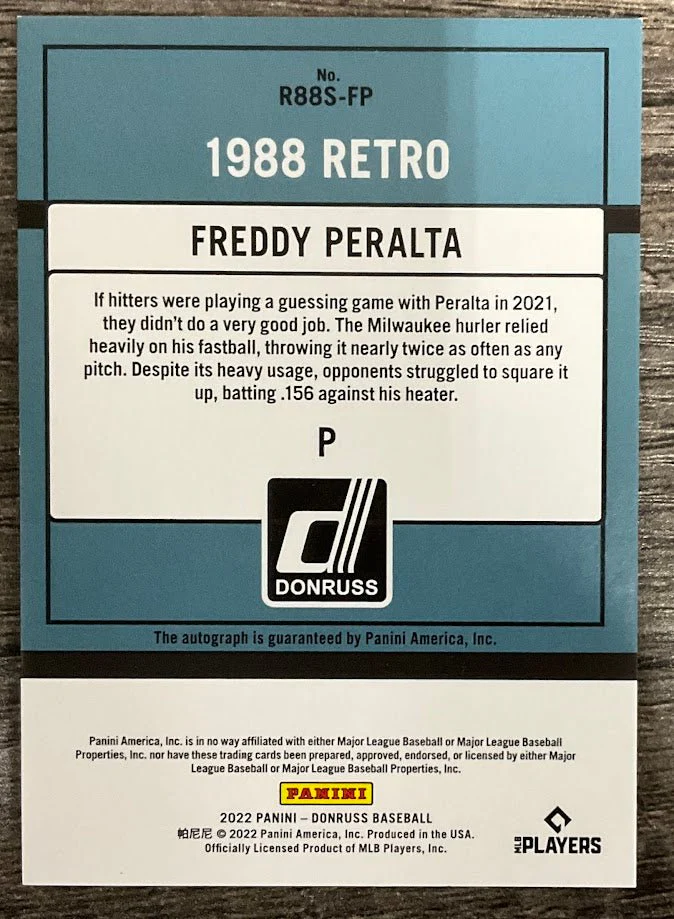 Freddy Peralta 2022 Panini Donruss 1988 Retro Pink Auto 04/49