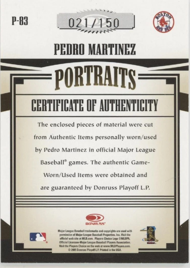 Pedro Martinez 2005 Donruss Prime Patches Portraits Relics 021/150 #P-83