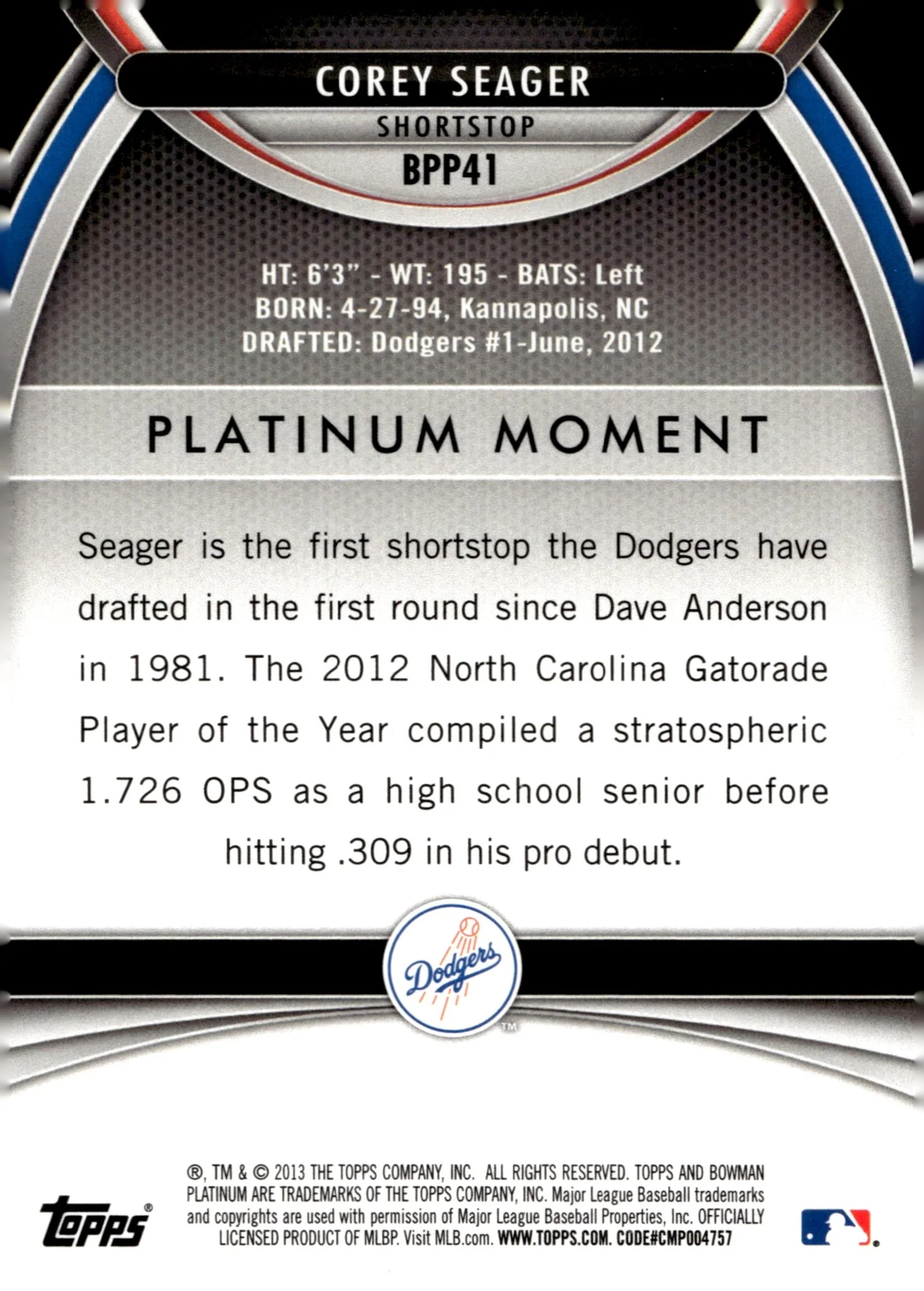 Corey Seager 2013 Bowman Platinum Moment Holo #BPP41 #1