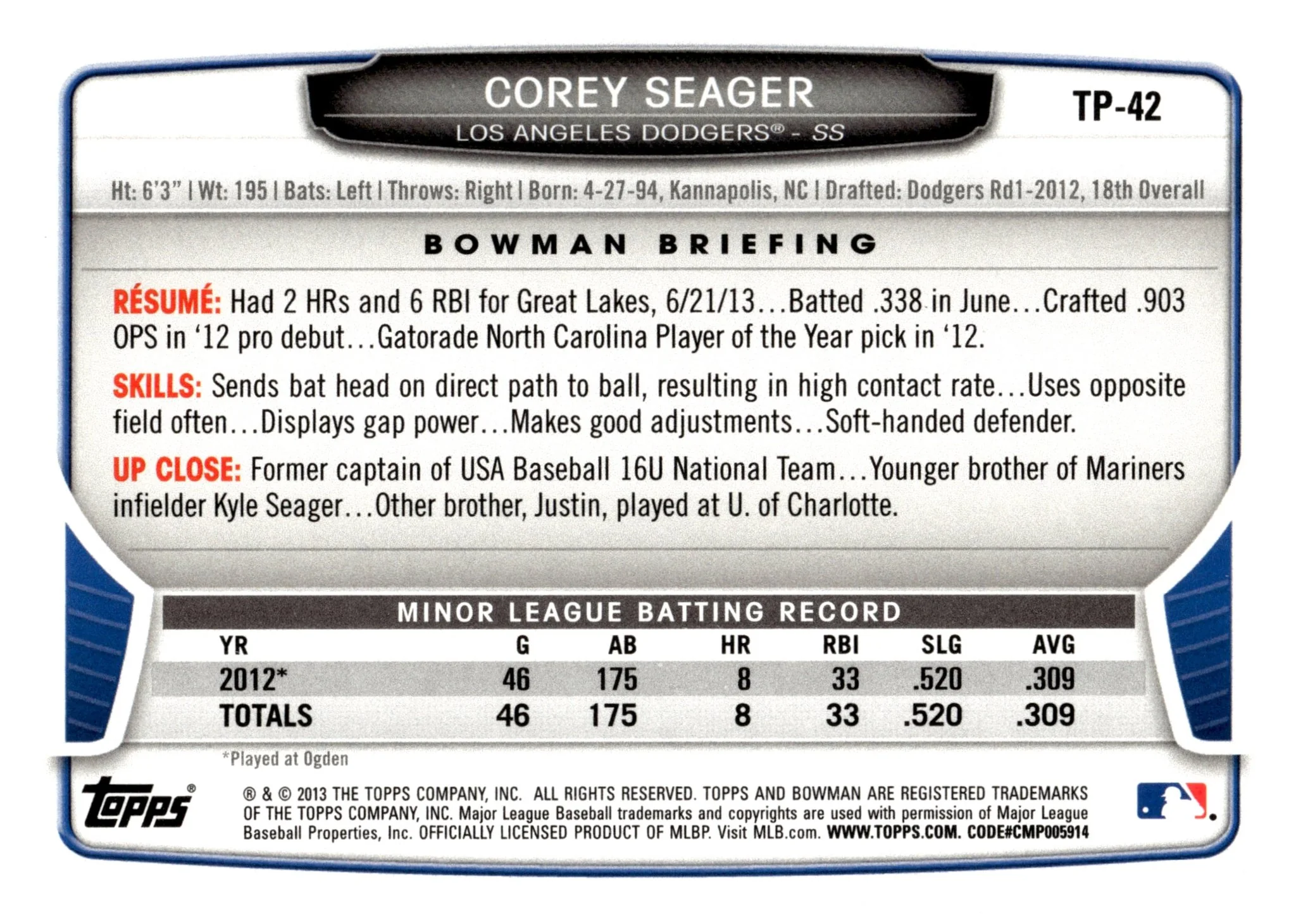 Corey Seager 2013 Bowman #TP-42