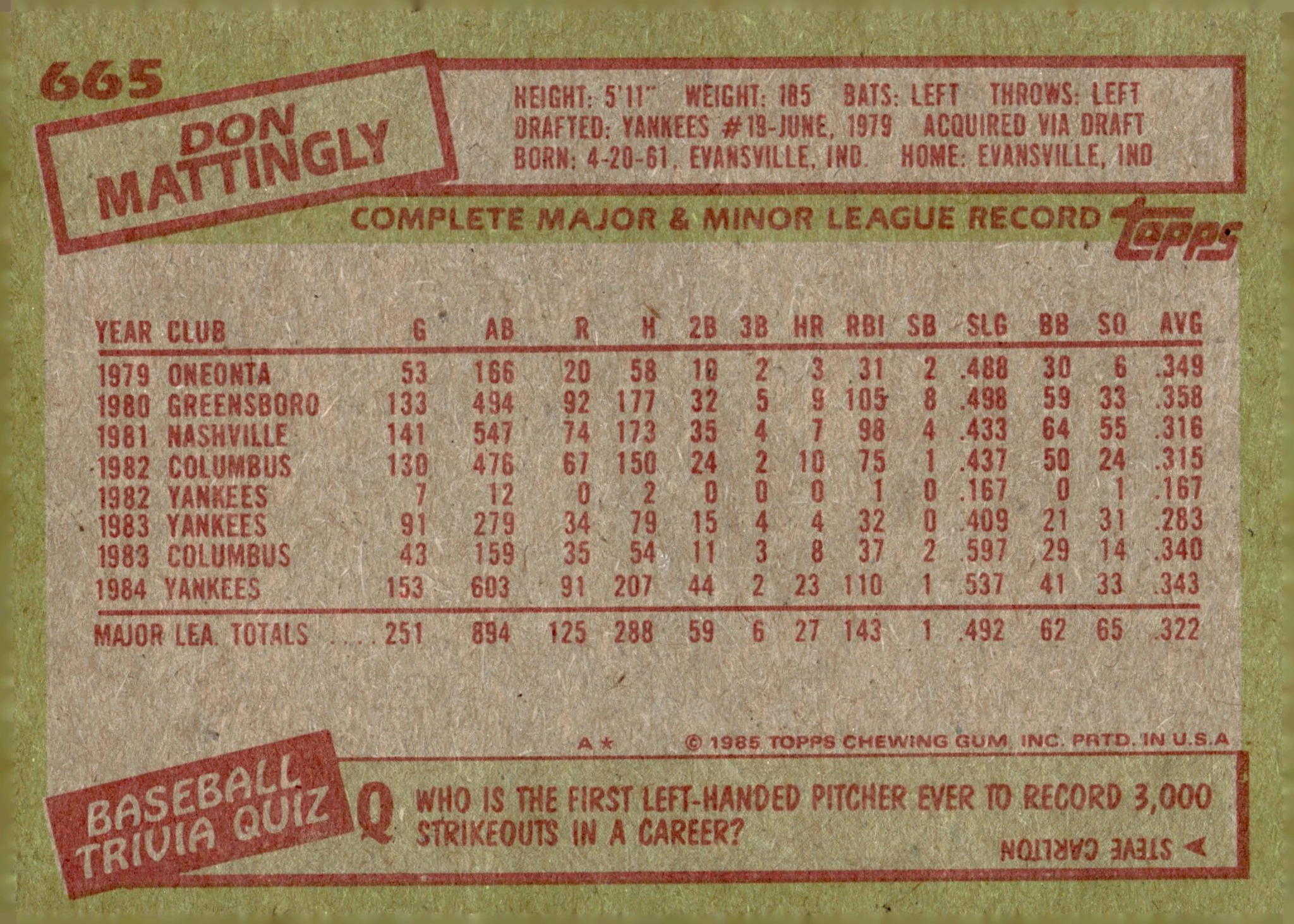 Don Mattingly 1985 Topps #665