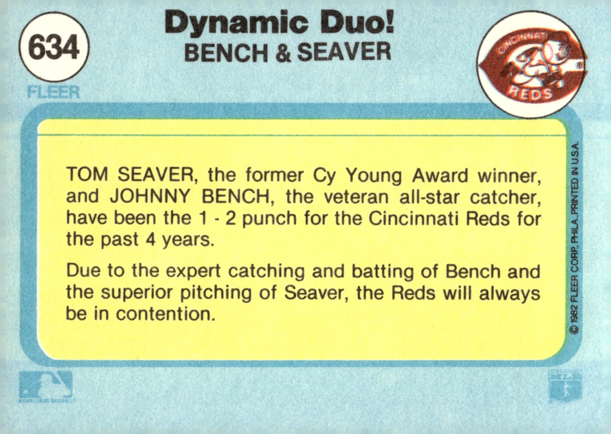 Dynamic Duo! 1982 Fleer Johnny Bench / Tom Seaver #634